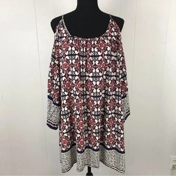 Umgee Tops - Umgee Tunic Top Size L Cold Shoulder Bell Sleeves Geometric Bohemian Oversized